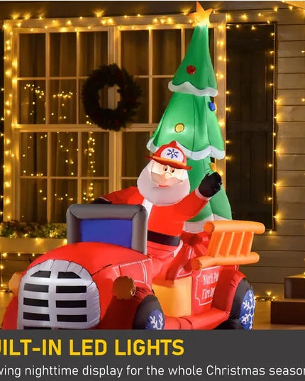 HOMCOM 7.5ft Christmas Inflatable Santa Claus Driving A Fire Truck With Tree, Outdoor Blow-Up Yard Decoration With LED Lights Display