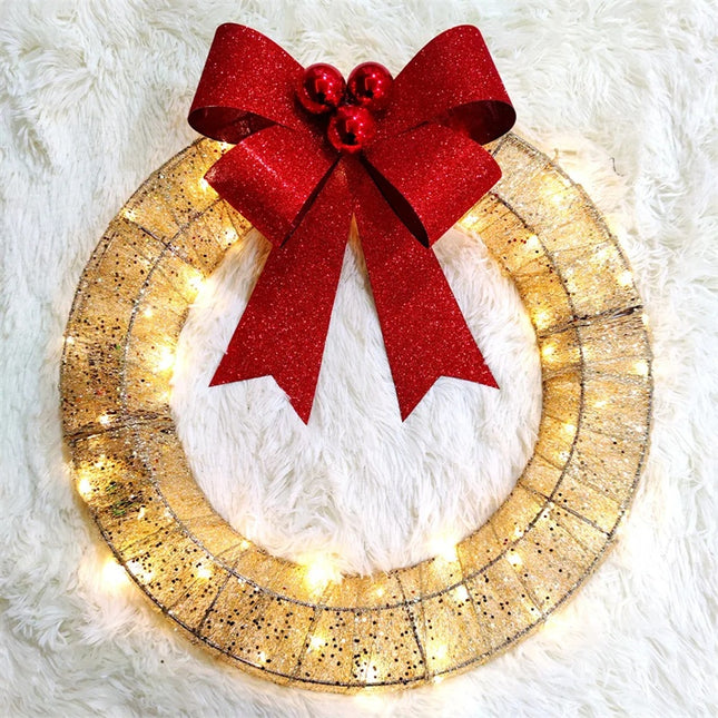 Christmas Wreath 50CM LED Warm Light Metal Big Bowknot Christmas Front Door Home Holiday Decor