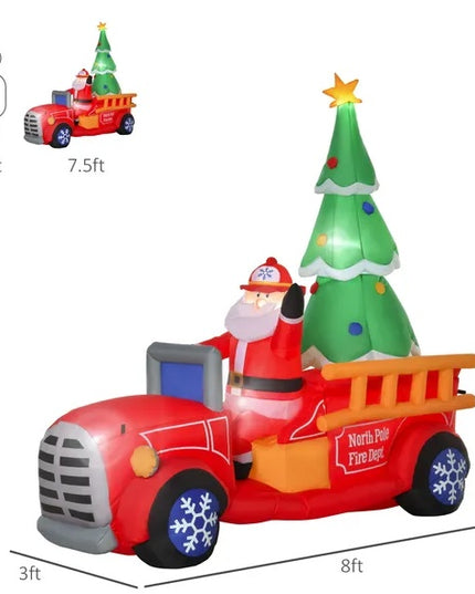 HOMCOM 7.5ft Christmas Inflatable Santa Claus Driving A Fire Truck With Tree, Outdoor Blow-Up Yard Decoration With LED Lights Display