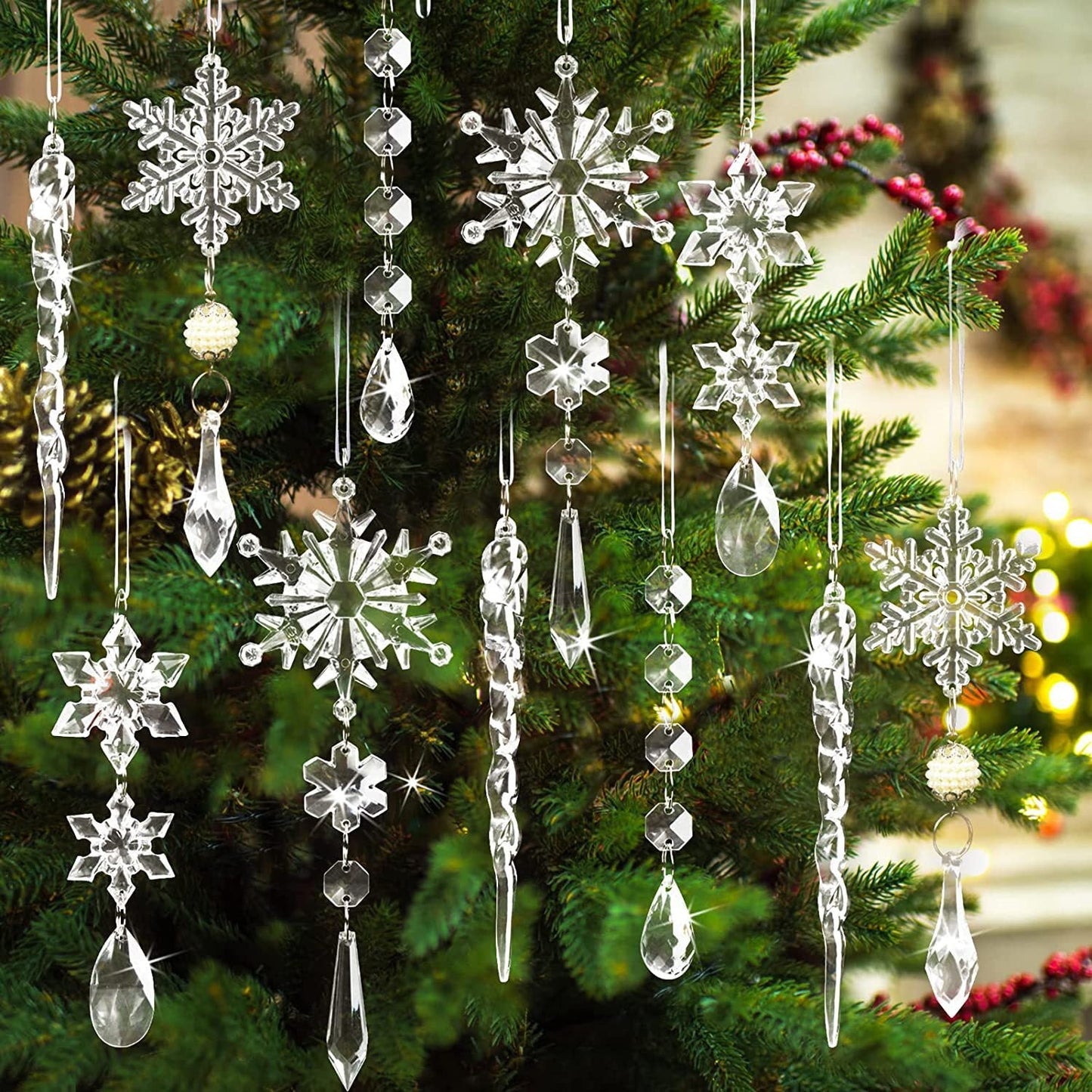 10pcs Christmas Tree Hanging Pendants Acrylic Ice Strip Snow Ceiling Xmas Ornaments Christmas Decoration Home Decor