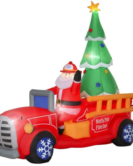HOMCOM 7.5ft Christmas Inflatable Santa Claus Driving A Fire Truck With Tree, Outdoor Blow-Up Yard Decoration With LED Lights Display