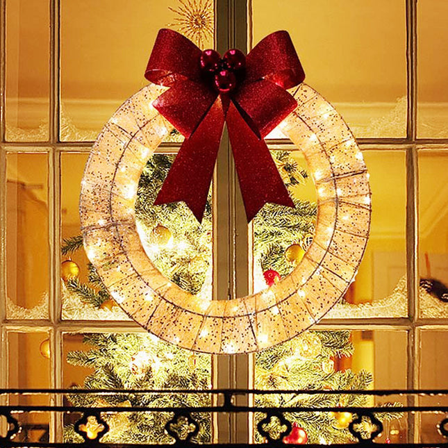 Christmas Wreath 50CM LED Warm Light Metal Big Bowknot Christmas Front Door Home Holiday Decor