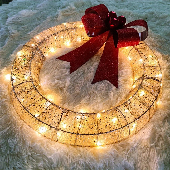 Christmas Wreath 50CM LED Warm Light Metal Big Bowknot Christmas Front Door Home Holiday Decor