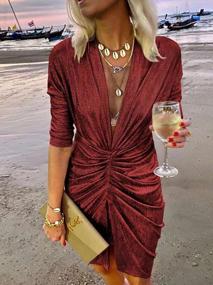 Women Elegant long sleeve silk mini dress - Here 4 you
