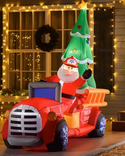 HOMCOM 7.5ft Christmas Inflatable Santa Claus Driving A Fire Truck With Tree, Outdoor Blow-Up Yard Decoration With LED Lights Display