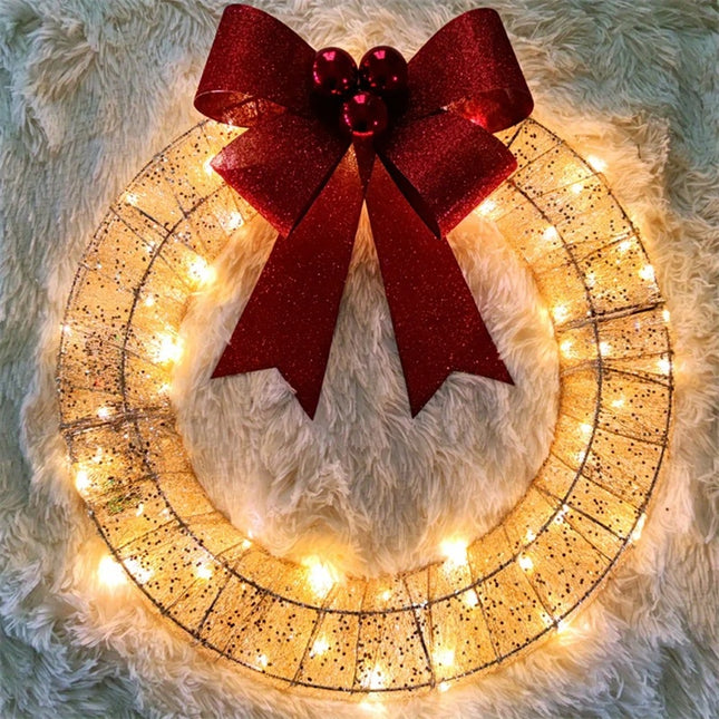 Christmas Wreath 50CM LED Warm Light Metal Big Bowknot Christmas Front Door Home Holiday Decor