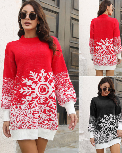 Christmas Snowflake Sweater Dress Loose Pullover Knitted Dresses Fall Winter Women's Clothing