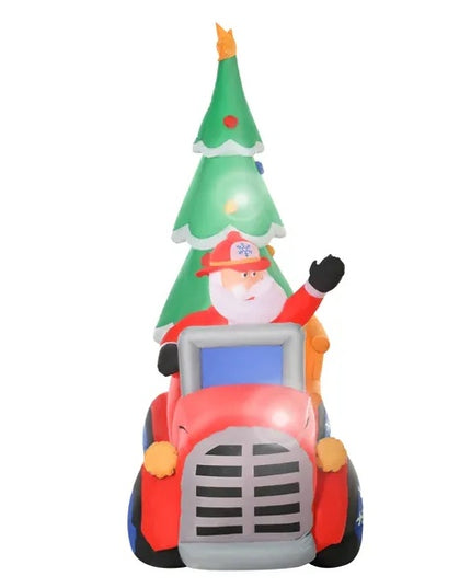 HOMCOM 7.5ft Christmas Inflatable Santa Claus Driving A Fire Truck With Tree, Outdoor Blow-Up Yard Decoration With LED Lights Display