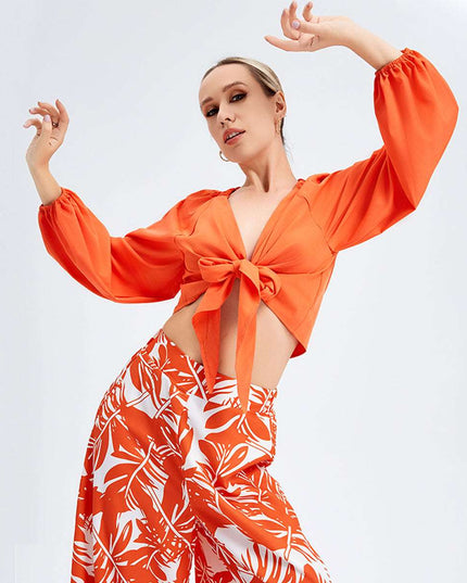 New Women's Temperament Print Pants V -neck Long Sleeve Two -piece Suit - Here 4 you