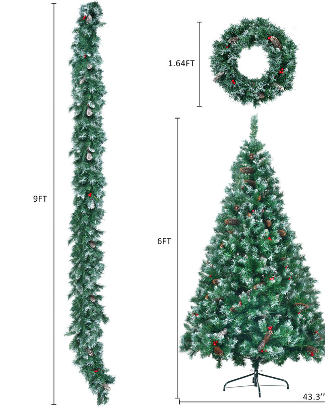 6 Feet Dark Green Pine Christmas Tree, Pre-Installed Lighting Set With Tree, Garland & Garland, Hinged Artificial Christmas Tree,