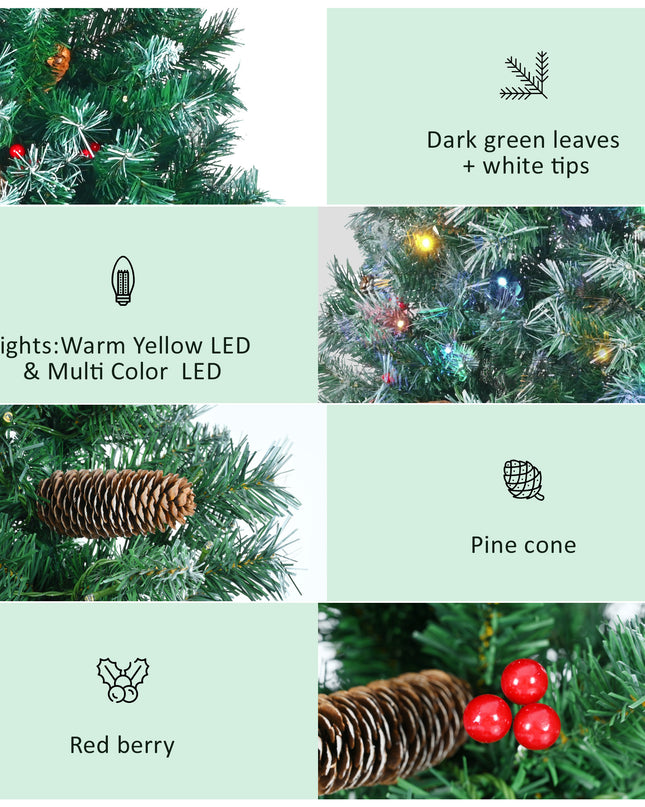 6 Feet Dark Green Pine Christmas Tree, Pre-Installed Lighting Set With Tree, Garland & Garland, Hinged Artificial Christmas Tree,
