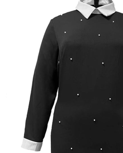 Elegant Lapel Long Sleeve Stitching Contrast Color Beaded Dress