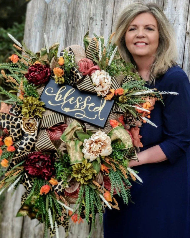 Halloween Wreath Year Round Fall Cheetah Wreath Gorgeous Autumn For Front Door Decor For Thanksgiving Xmas Fabric