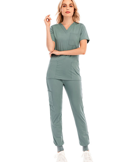 Solid Color V-neck Short-sleeved Pocket Nurse Suit - Here 4 you