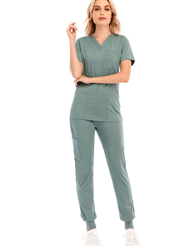 Solid Color V-neck Short-sleeved Pocket Nurse Suit - Here 4 you