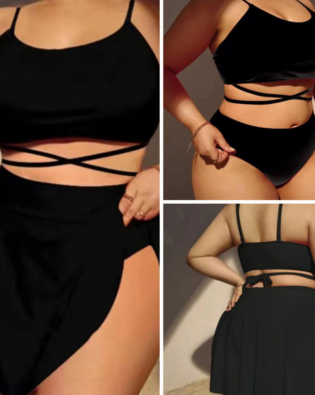 Solid Large Three Piece High Waist Bikini Swimsuit