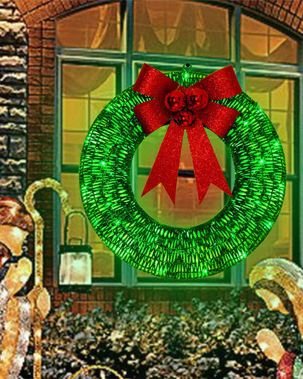 Christmas Wreath 50CM LED Warm Light Metal Big Bowknot Christmas Front Door Home Holiday Decor