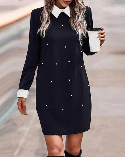 Elegant Lapel Long Sleeve Stitching Contrast Color Beaded Dress