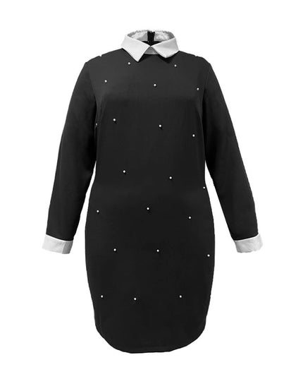 Elegant Lapel Long Sleeve Stitching Contrast Color Beaded Dress
