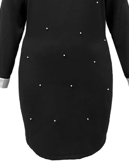 Elegant Lapel Long Sleeve Stitching Contrast Color Beaded Dress