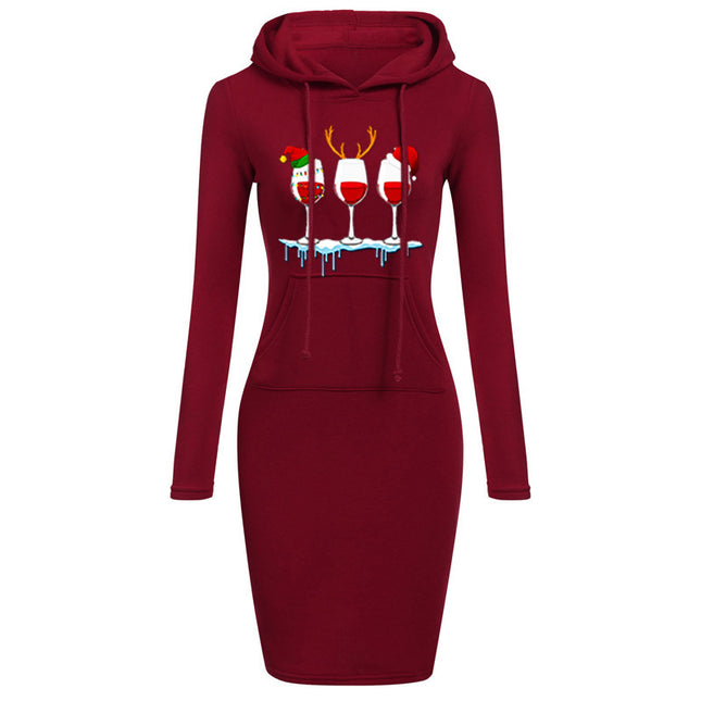 Christmas New Printed Hooded Long-sleeved Dress