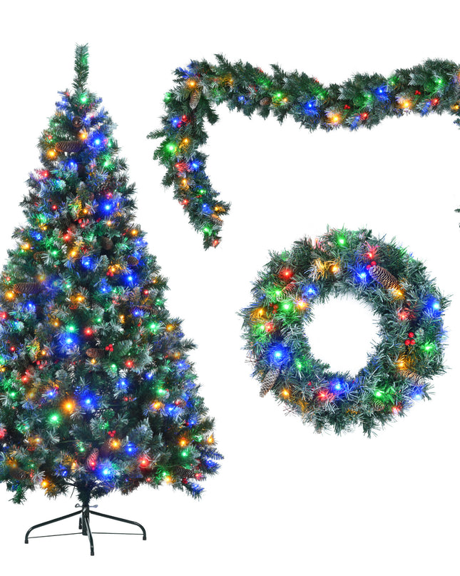 6 Feet Dark Green Pine Christmas Tree, Pre-Installed Lighting Set With Tree, Garland & Garland, Hinged Artificial Christmas Tree,