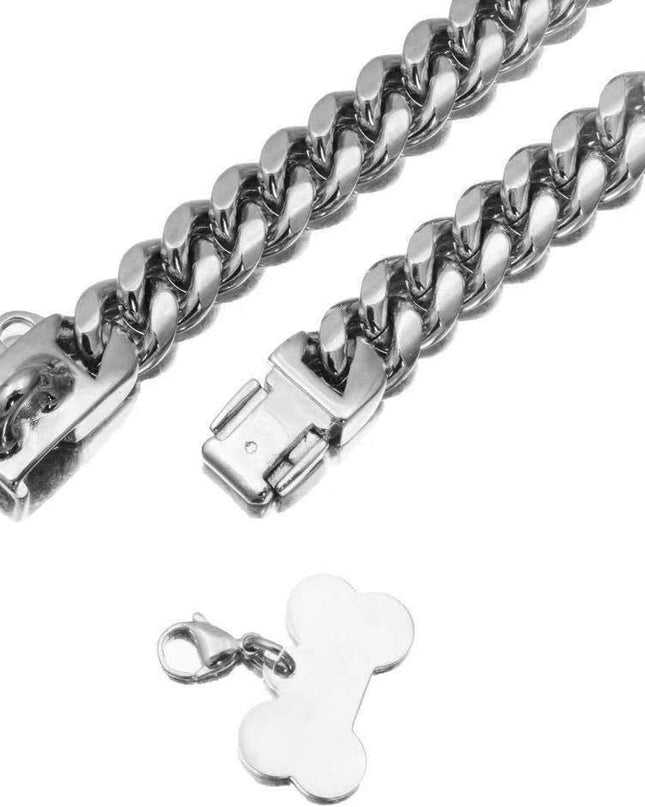 14mm Pet Dog Collar Stainless Steel Cuban Chain Lock Buckle Gold Silver