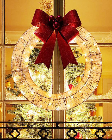 Christmas Wreath 50CM LED Warm Light Metal Big Bowknot Christmas Front Door Home Holiday Decor