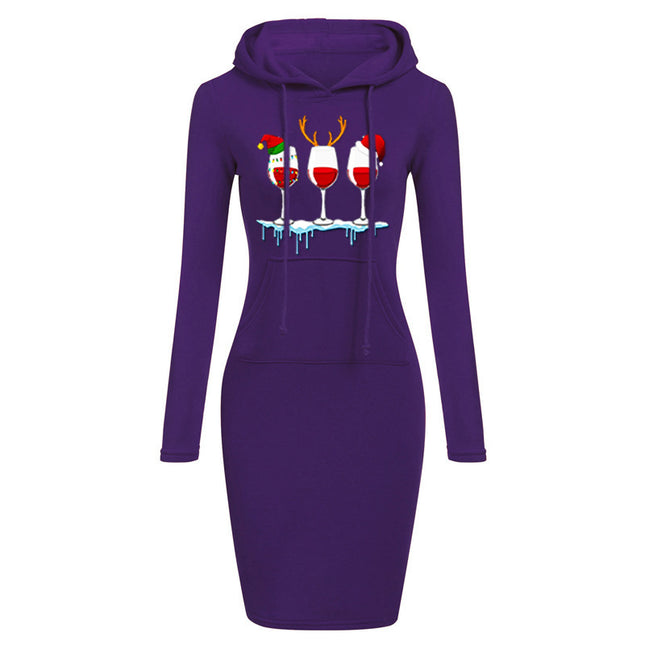 Christmas New Printed Hooded Long-sleeved Dress