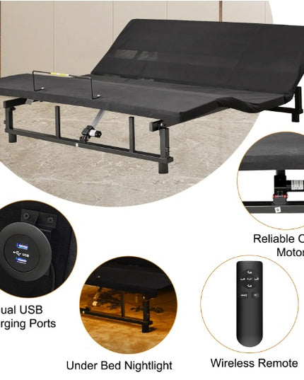 Adjustable Bed Base Frame Head And Foot Incline Quiet Motor King Size Zero Gravity, 4 Ports USB, Under-Bed Nightlight