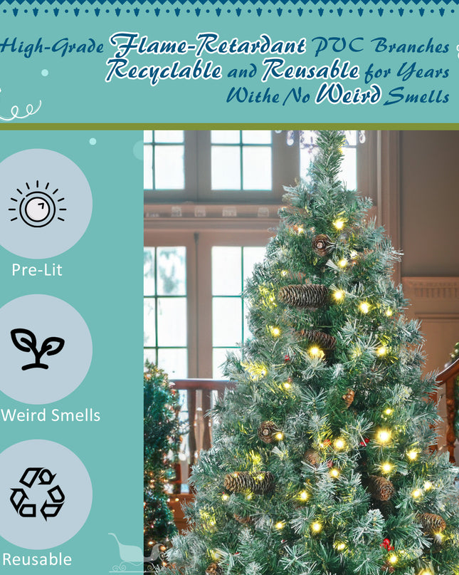6 Feet Dark Green Pine Christmas Tree, Pre-Installed Lighting Set With Tree, Garland & Garland, Hinged Artificial Christmas Tree,