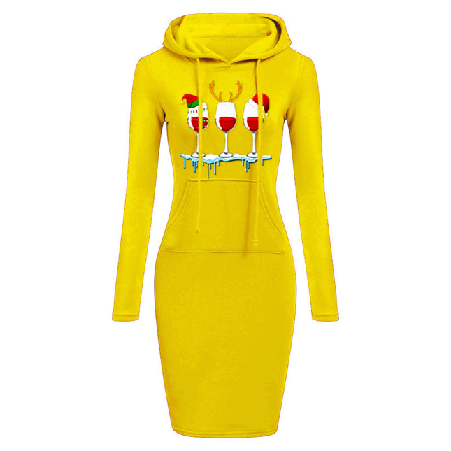 Christmas New Printed Hooded Long-sleeved Dress