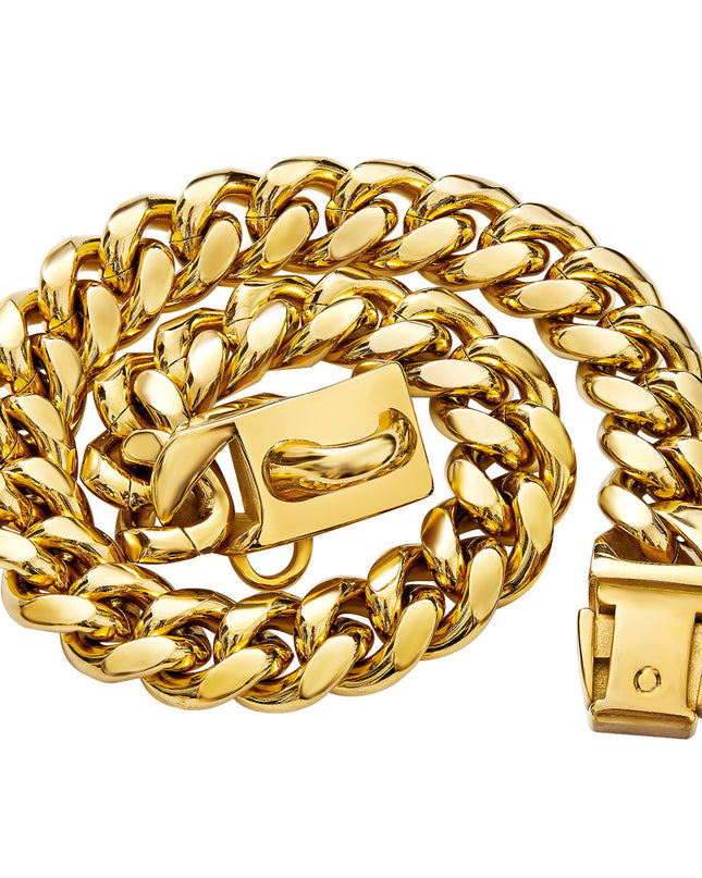 14mm Pet Dog Collar Stainless Steel Cuban Chain Lock Buckle Gold Silver