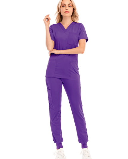 Solid Color V-neck Short-sleeved Pocket Nurse Suit - Here 4 you