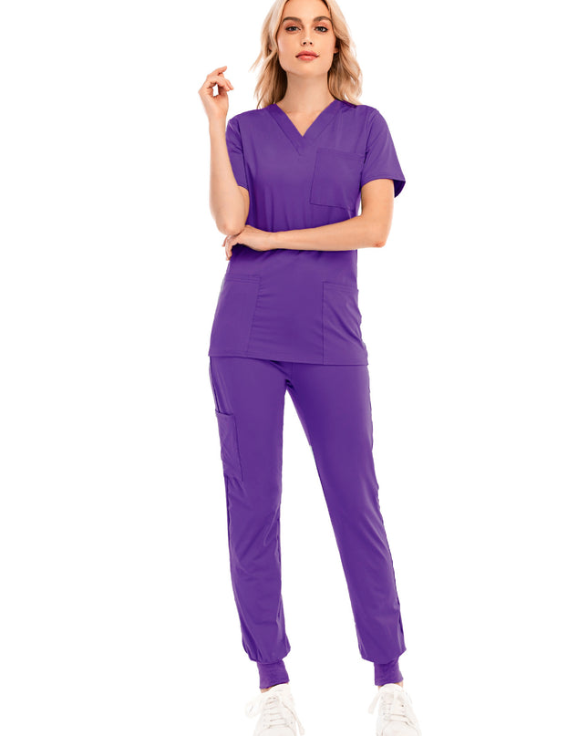 Solid Color V-neck Short-sleeved Pocket Nurse Suit - Here 4 you