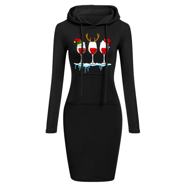 Christmas New Printed Hooded Long-sleeved Dress