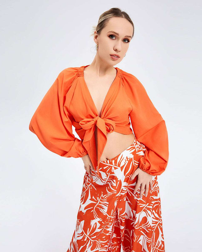 New Women's Temperament Print Pants V -neck Long Sleeve Two -piece Suit - Here 4 you