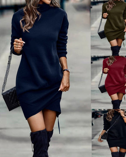 Long Sleeve Dress Solid Color High Neck Cross Short Dress Womens Clothing