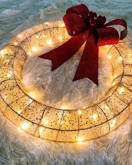 Christmas Wreath 50CM LED Warm Light Metal Big Bowknot Christmas Front Door Home Holiday Decor