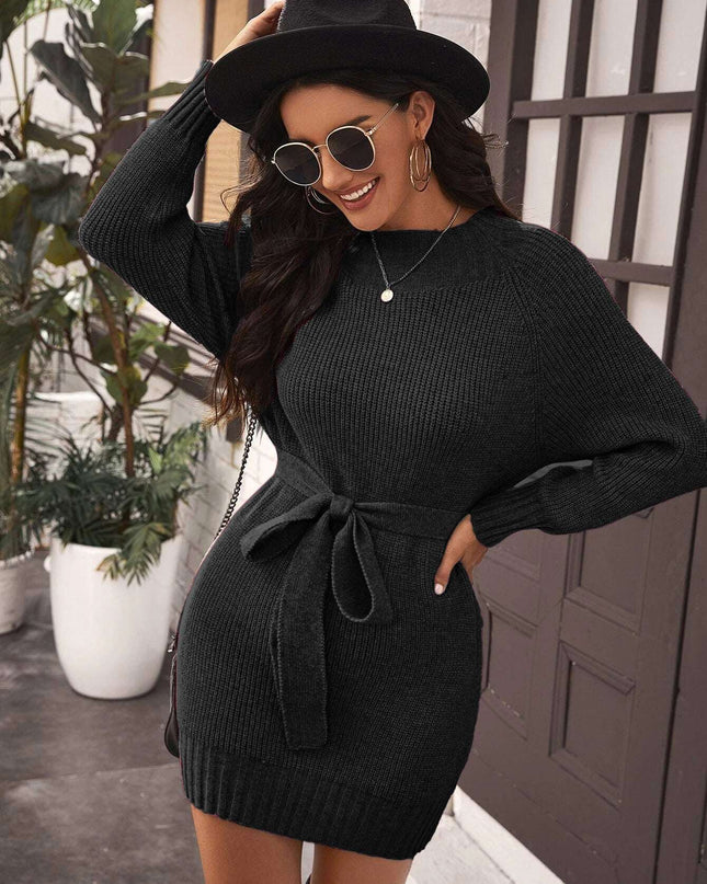 Mid-length Tie Dress Solid Color Half High Collar - Here 4 you