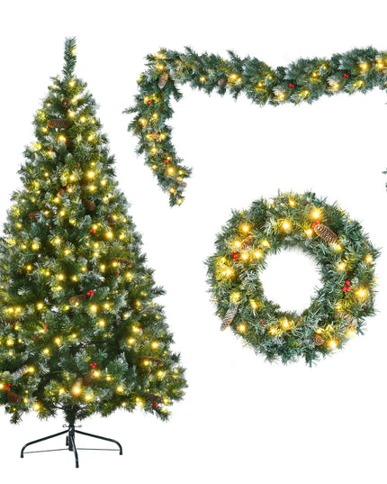 6 Feet Dark Green Pine Christmas Tree, Pre-Installed Lighting Set With Tree, Garland & Garland, Hinged Artificial Christmas Tree,