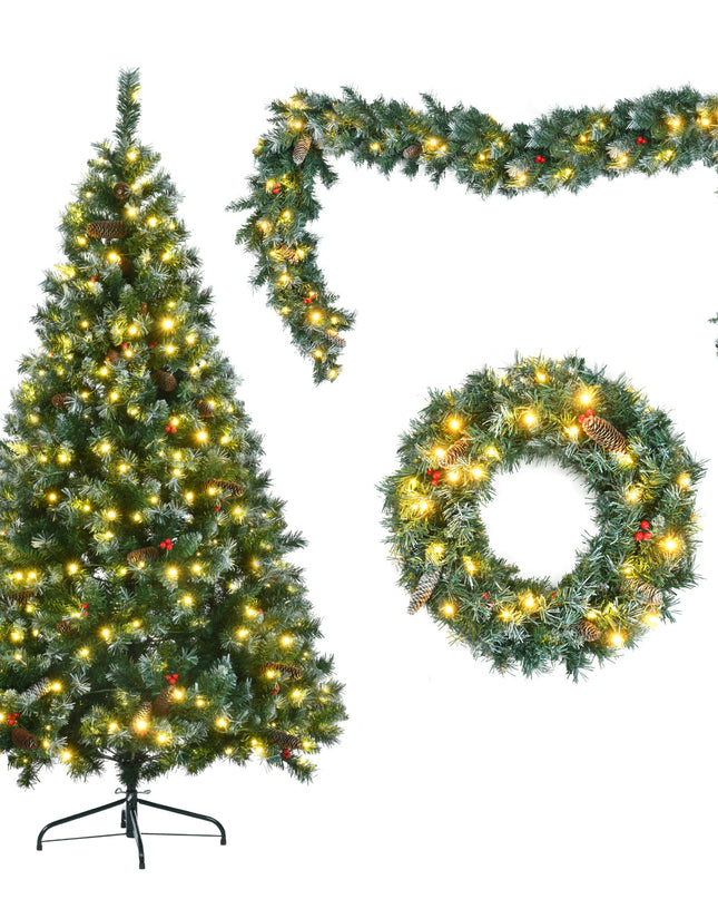 6 Feet Dark Green Pine Christmas Tree, Pre-Installed Lighting Set With Tree, Garland & Garland, Hinged Artificial Christmas Tree,