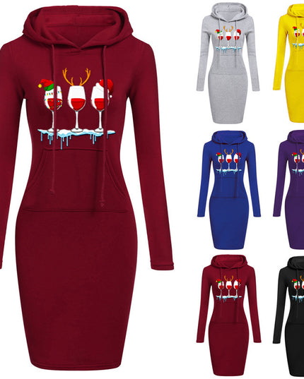 Christmas New Printed Hooded Long-sleeved Dress