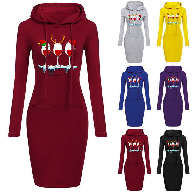 Christmas New Printed Hooded Long-sleeved Dress