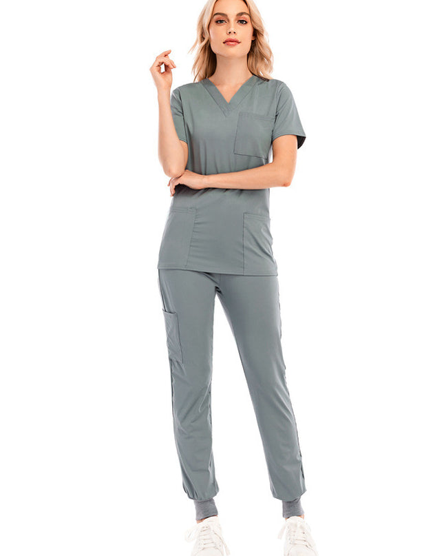 Solid Color V-neck Short-sleeved Pocket Nurse Suit - Here 4 you