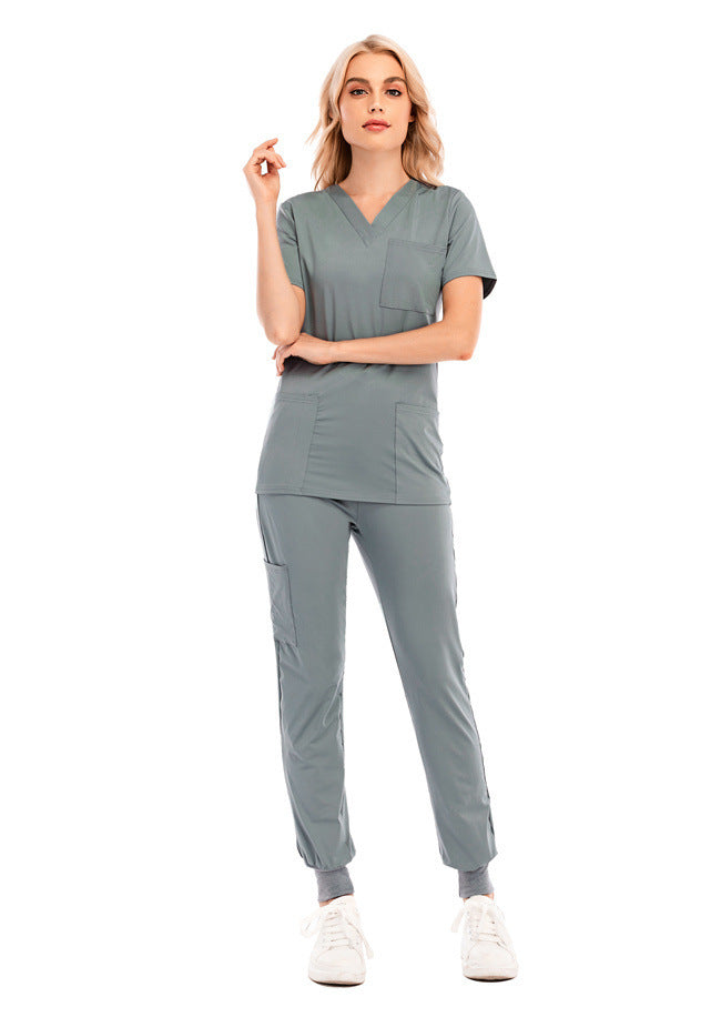Solid Color V-neck Short-sleeved Pocket Nurse Suit - Here 4 you