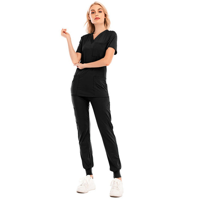 Solid Color V-neck Short-sleeved Pocket Nurse Suit - Here 4 you