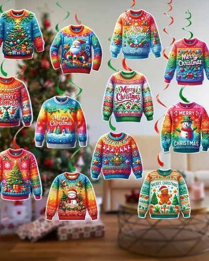 12 Pcs Merry Christmas Sweater Swirl Pendants Hanging Xmas Tree Snowman Paper Sweater Ornaments Santa Claus Gingerbread Man Pattern Spiral Ceiling Pendant For Xmas Birthday Party Decor Supplies