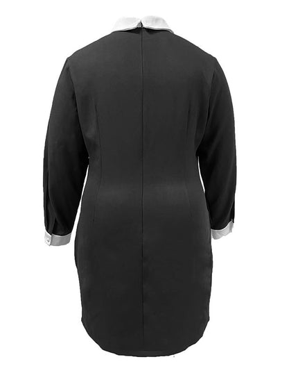 Elegant Lapel Long Sleeve Stitching Contrast Color Beaded Dress