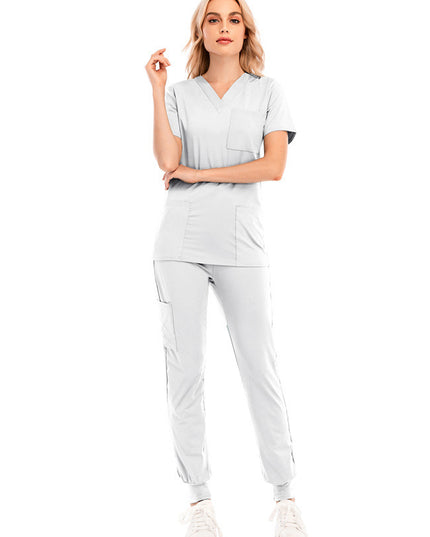 Solid Color V-neck Short-sleeved Pocket Nurse Suit - Here 4 you